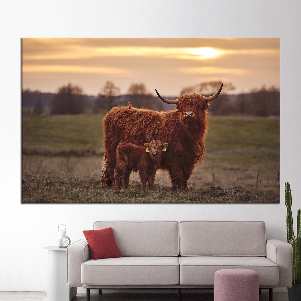 Highland Cow And Calf Golden Sunset Meadow Wildlife Photography Poster