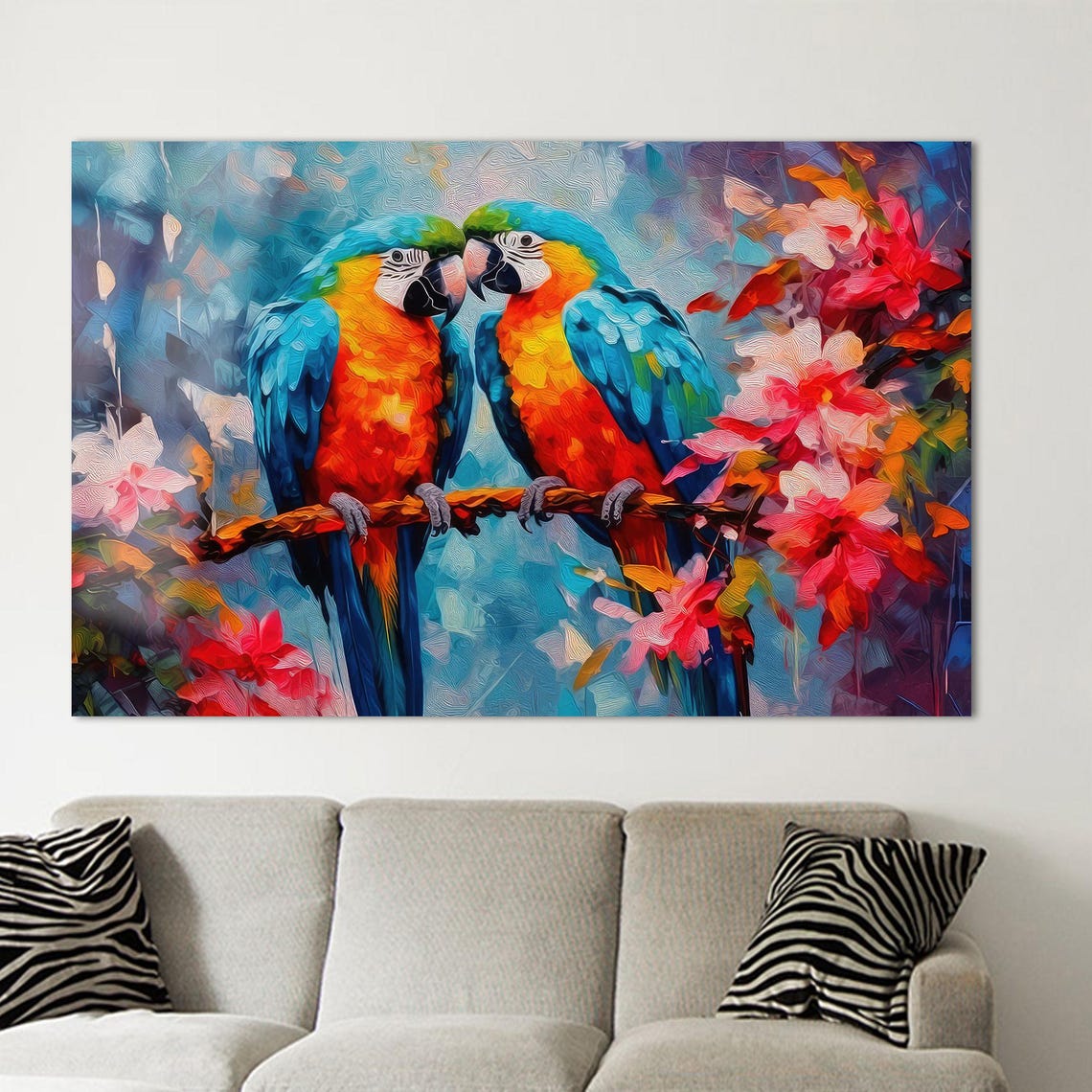 Two Blue And Yellow Macaws Perched On Flowering Branch Poster - Image 2