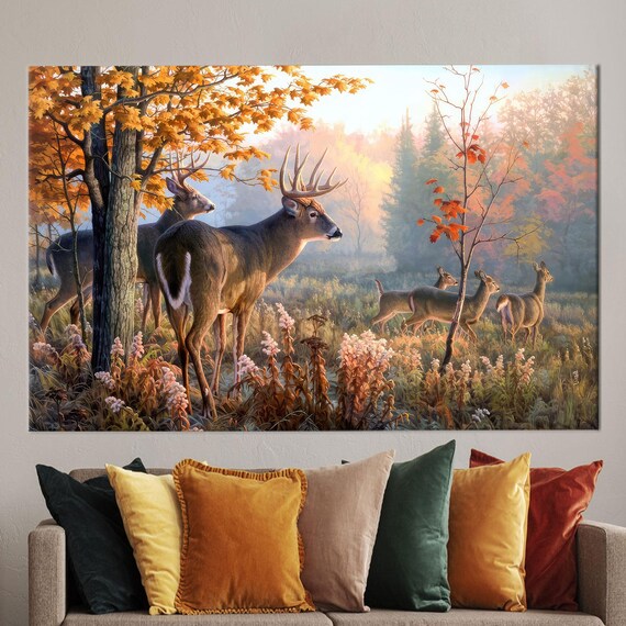 Whitetail Deer Buck And Does In Golden Autumn Forest Scene Poster