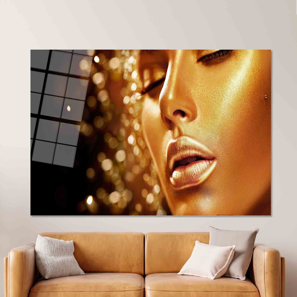 Golden Woman Face Close Up With Sparkle Bokeh Glamour Poster - Image 2