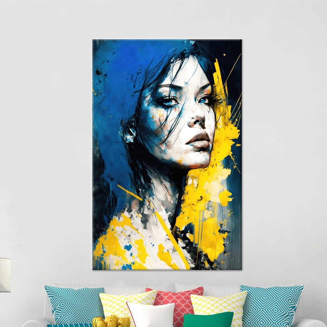Blue and Yellow Splash Woman Portrait Modern Abstract Pop Art Poster