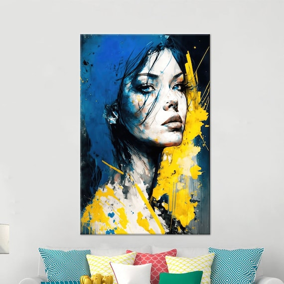Blue and Yellow Splash Woman Portrait Modern Abstract Pop Art Poster
