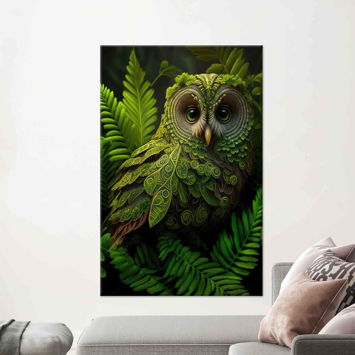 Emerald Green Patterned Owl in Ferns Forest Fantasy Art Poster