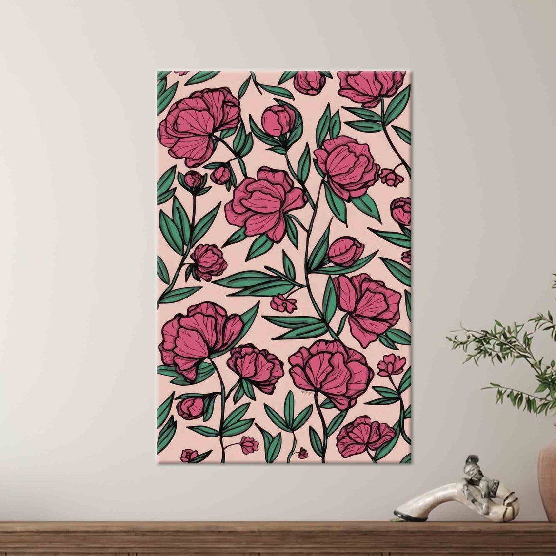 Pink Peony Blossom Pattern Floral Botanical Illustration Poster