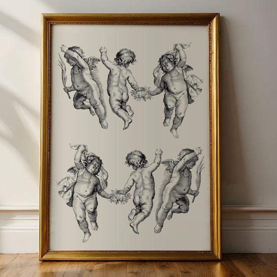 Dancing Cherubim Angels Engraving Classical Ink Sketch Wall Art
