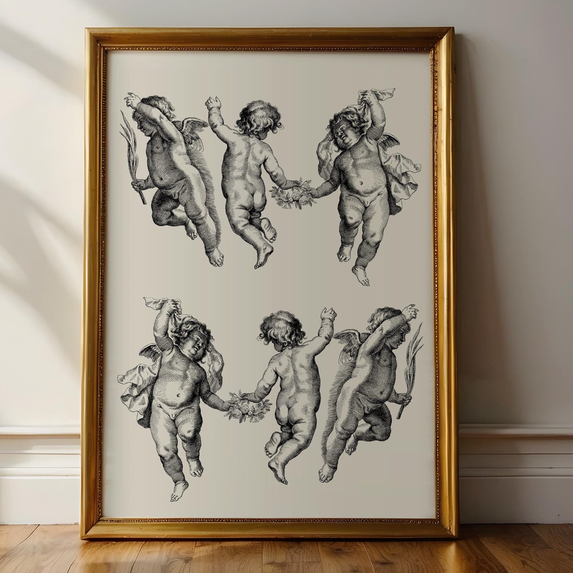 Dancing Cherubim Angels Engraving Classical Ink Sketch Wall Art