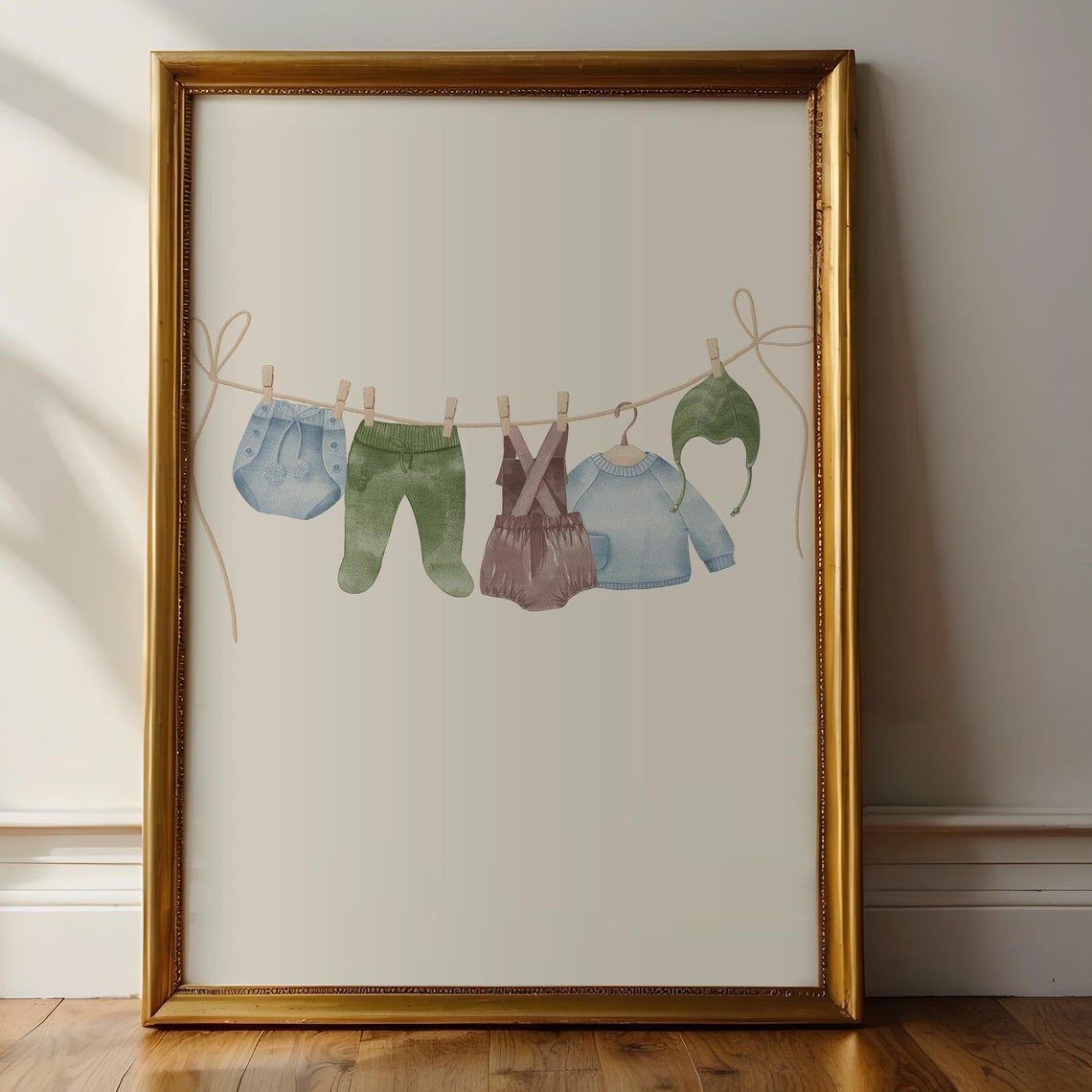 Baby Boy Clothesline Watercolor Bodysuits Blue Green Nursery Wall Art - Image 3