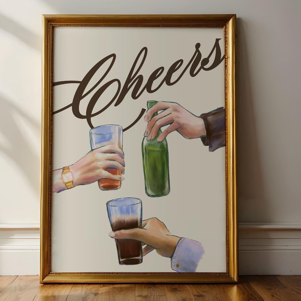 Cheers Script Bar Toast Hands Painting Beer Bottle Kitchen Art Poster