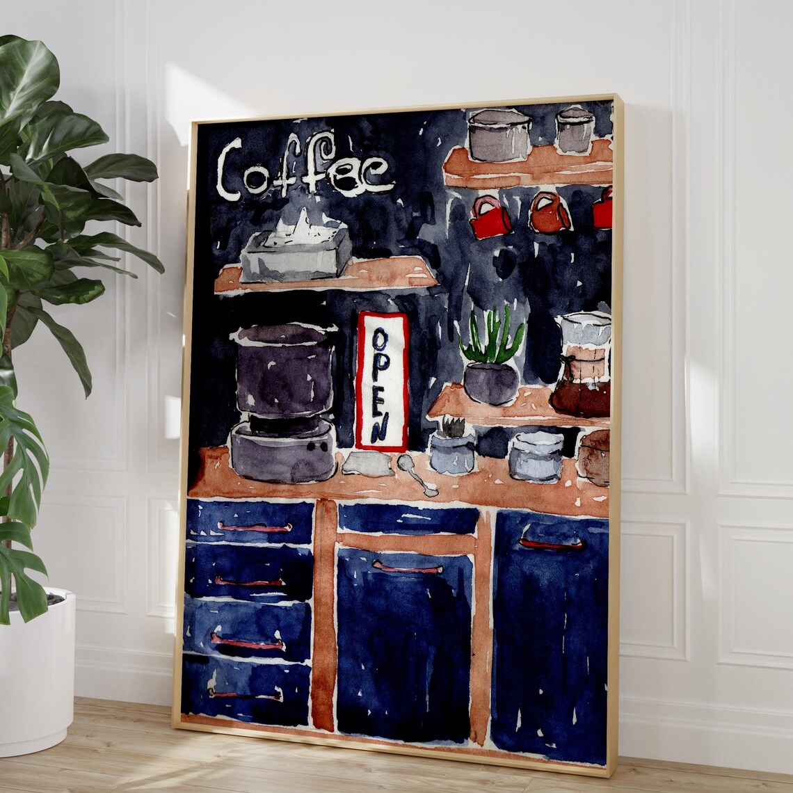 Coffee Bar Watercolor Night Interior Navy Drawers Open Sign Wall Art - Image 2