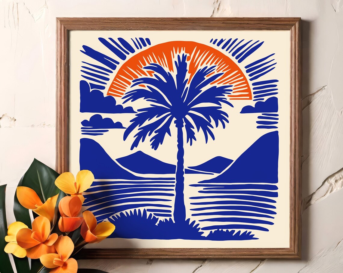 Blue Palm Tree Sunset Ocean Waves Bold Graphic Square Art Poster