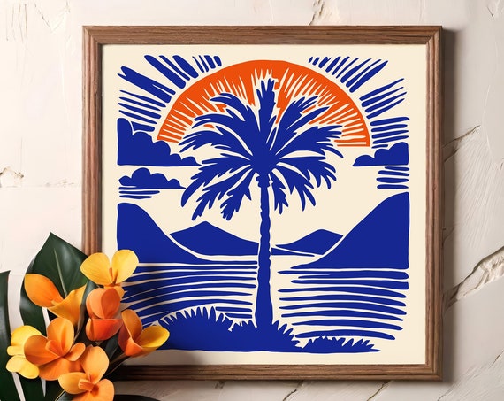 Tropical Landscape Square Art Print Sunset Poster Palm Tree Illustration Blue Wall Art Retro Nautical Beach Art Coastal Landscape Art