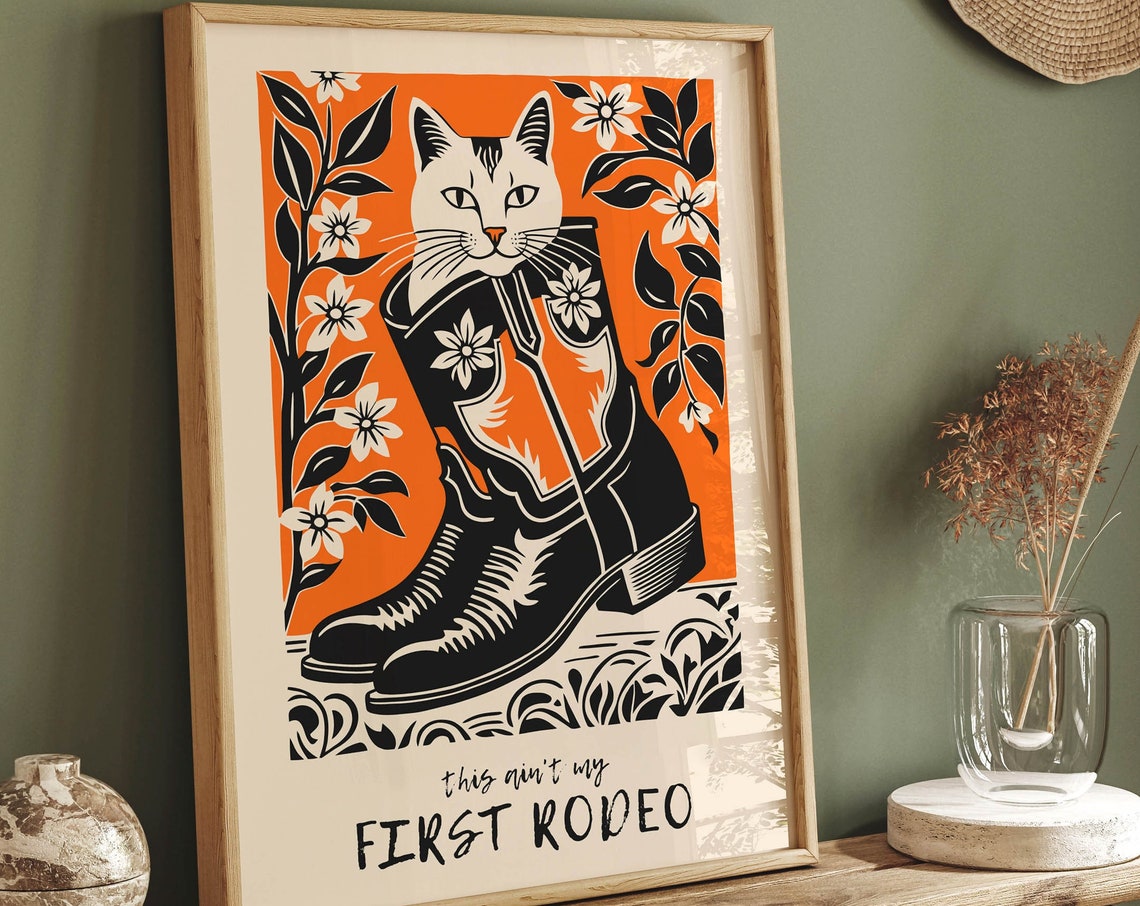 White Cat Peeking From Cowboy Boots This Aint My First Rodeo Poster
