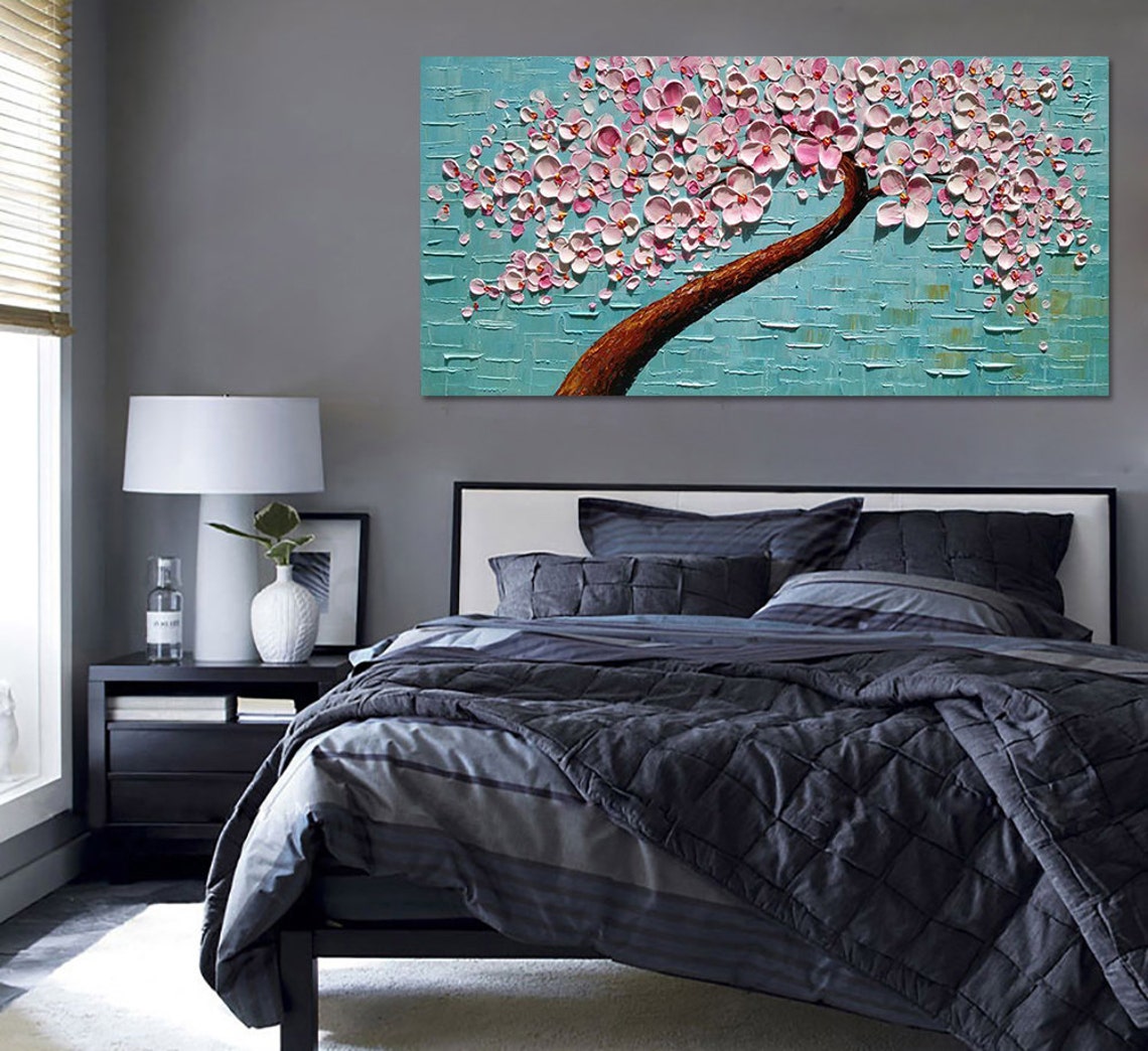 Dreamy Pink Blossom Tree on Turquoise Palette Knife Art Poster - Image 2