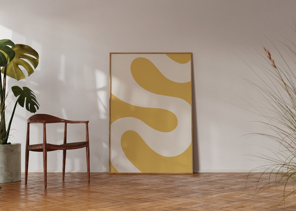 Mustard Yellow Wavy Curves Abstract Modern Wall Poster Decor - Image 4