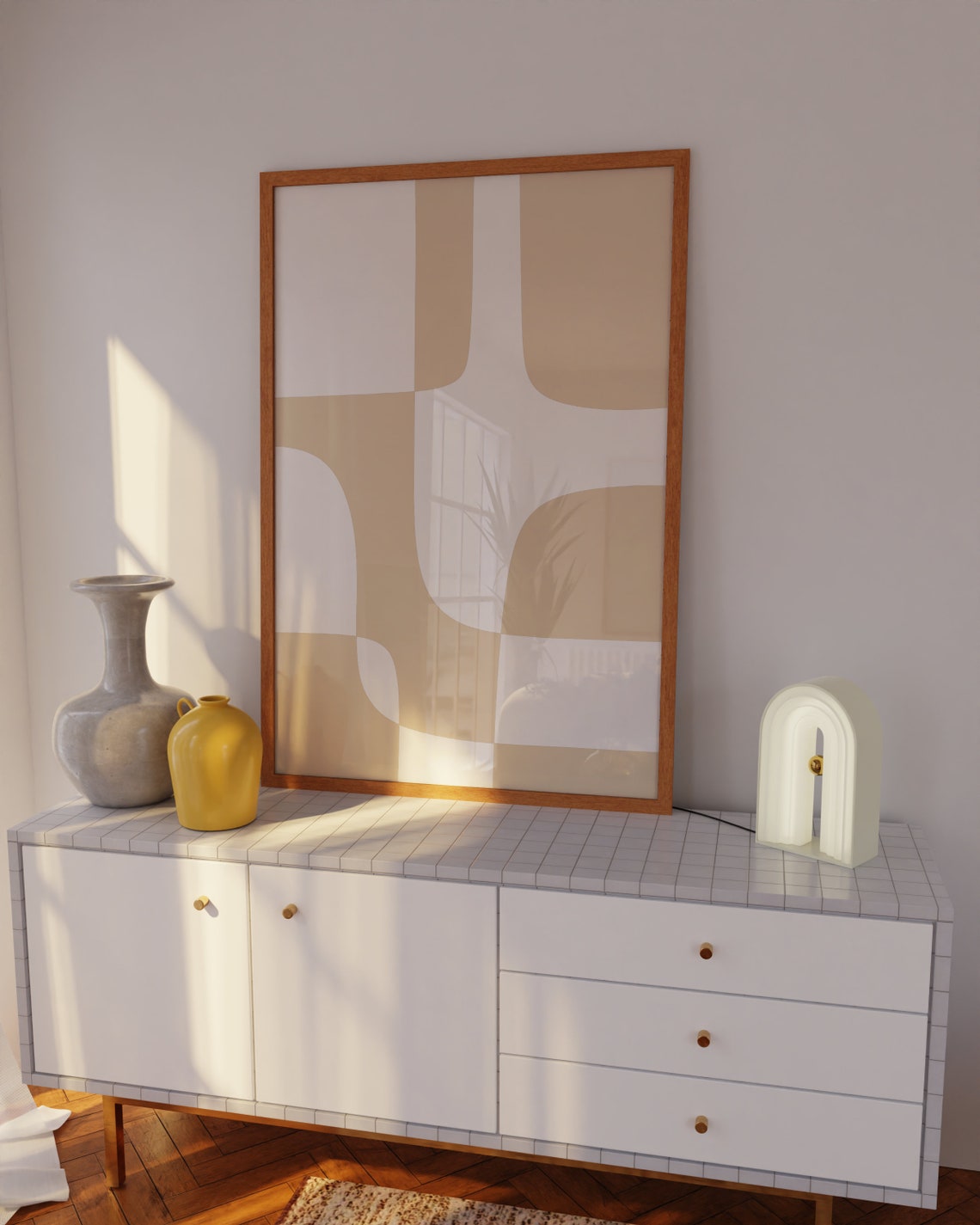 Beige And White Geometric Puzzle Blocks Abstract Wall Poster - Image 2