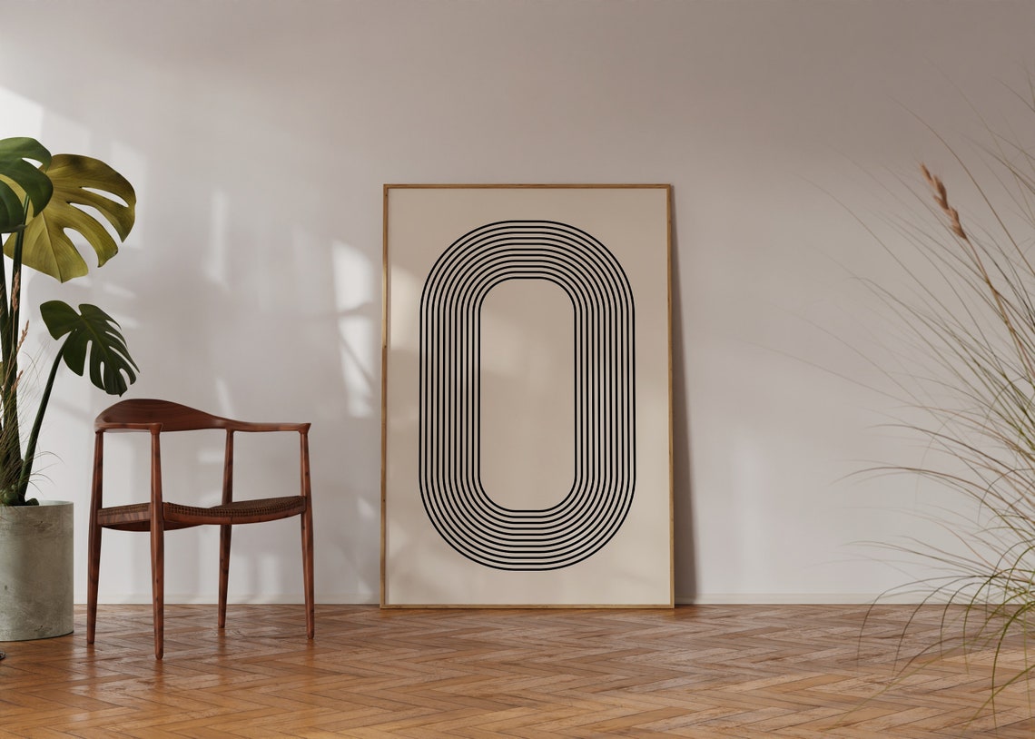 Mid Century Modern Concentric Oval Ring Beige Line Art Poster - Image 2