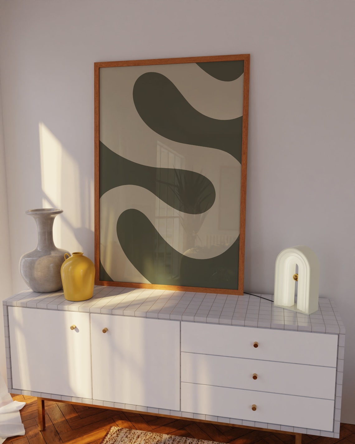 Olive Green Wavy Curves Abstract Cream Minimalist Wall Poster - Image 3