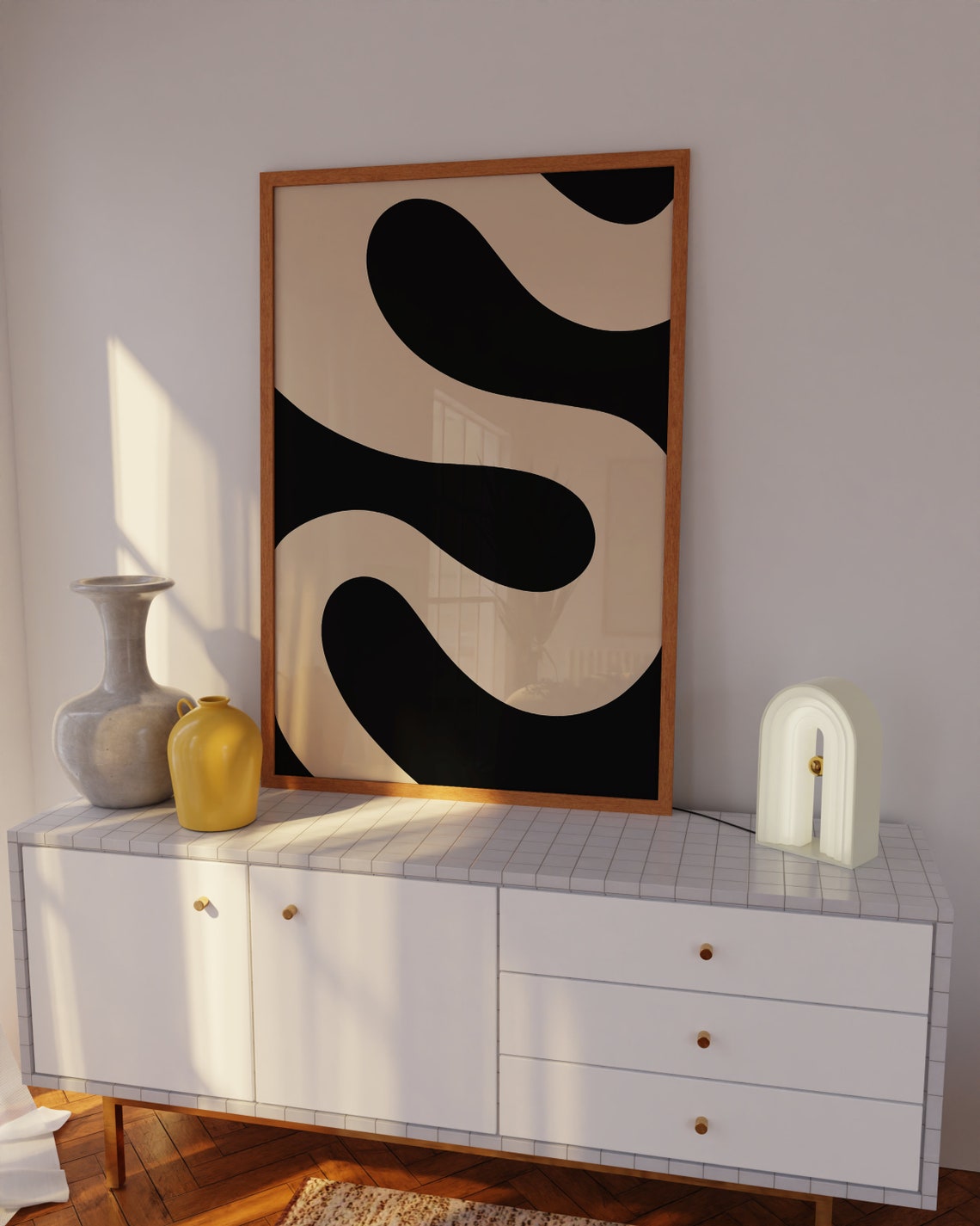 Black And Beige Wavy Curves Abstract Bold Minimalist Art Poster - Image 3