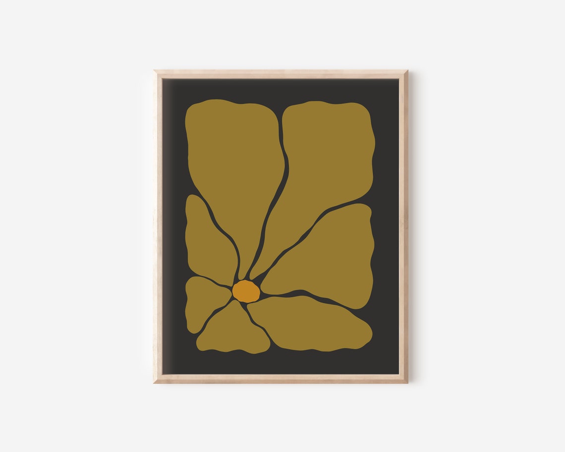 Ochre Gold Abstract Bloom Deep Black Retro Modern Floral Wall Poster - Image 2
