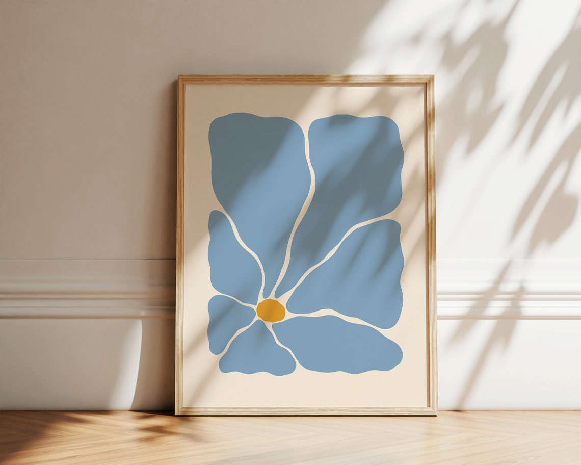 Abstract Blue Petal Flower Yellow Center Modern Art Wall Decor Poster