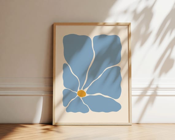 Abstract Blue Petal Flower Yellow Center Modern Art Wall Decor Poster