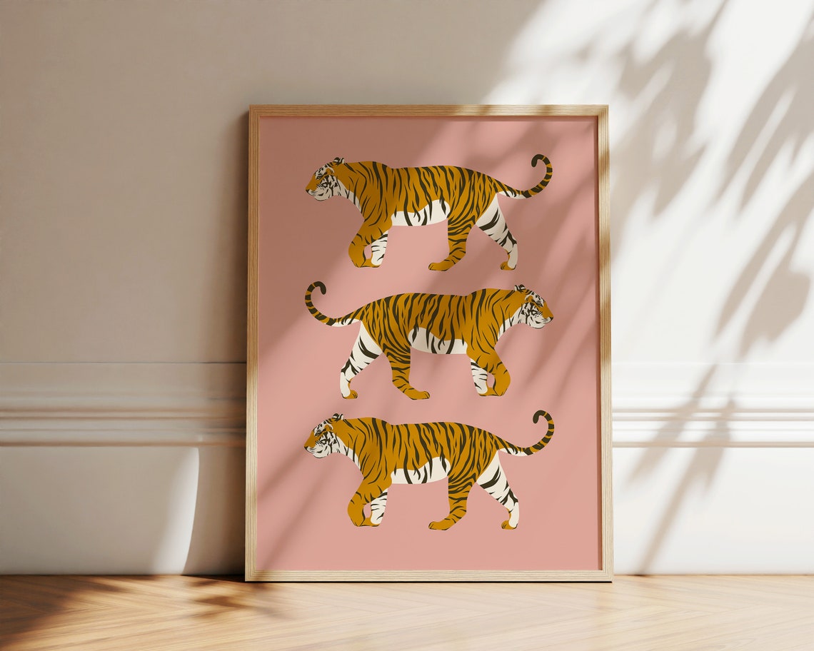 Three Tigers Walking Pink Background Playful Animal Wall Decor Poster - Image 2
