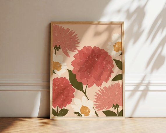 Dahlias Abstract Botanical Poster, Boho Art Print