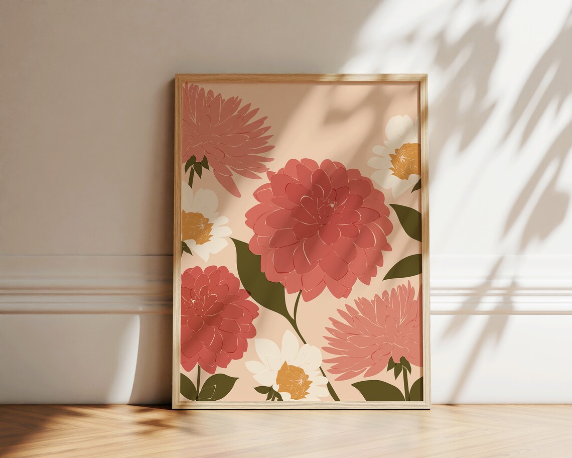 Dahlias Abstract Botanical Poster, Boho Art Print