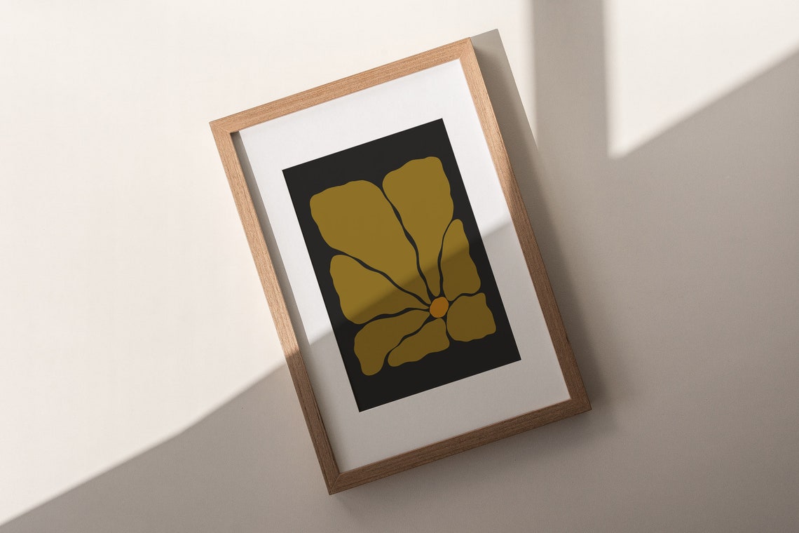 Golden Groovy Flower Amber Center Dramatic Black Retro Art Poster - Image 2