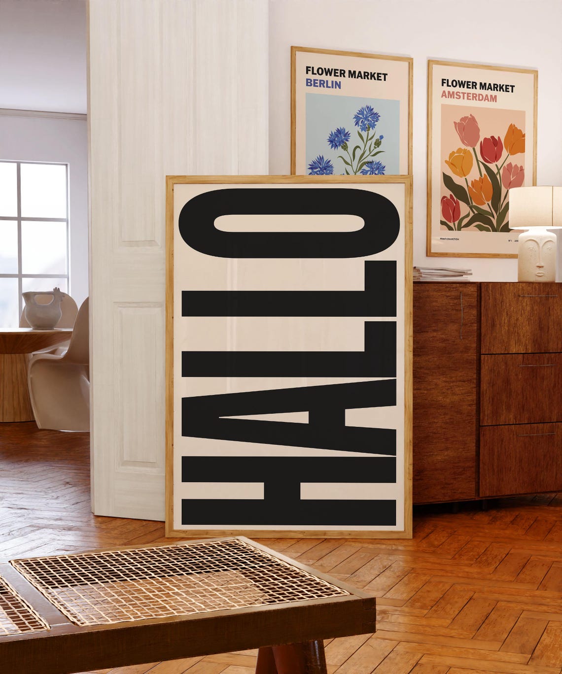 Hallo Retro German Greeting Bold Typography Monochrome Wall Poster