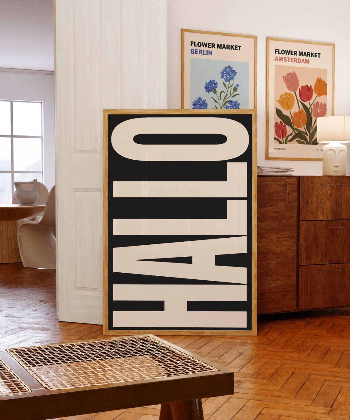 Hallo Bold Retro German Greeting Typography Black Cream Wall Poster