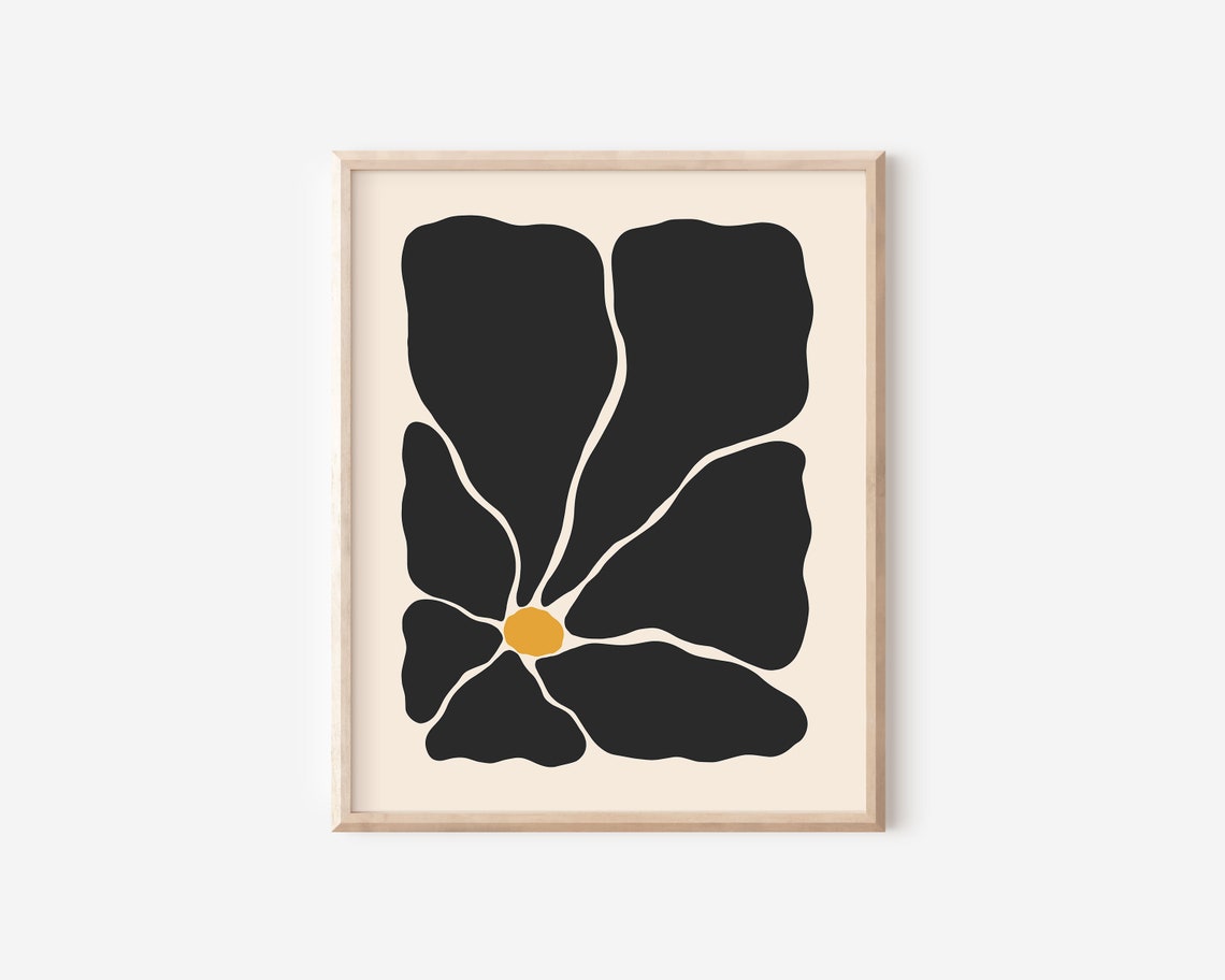 Black Abstract Groovy Flower Orange Center Matisse Style Poster - Image 2