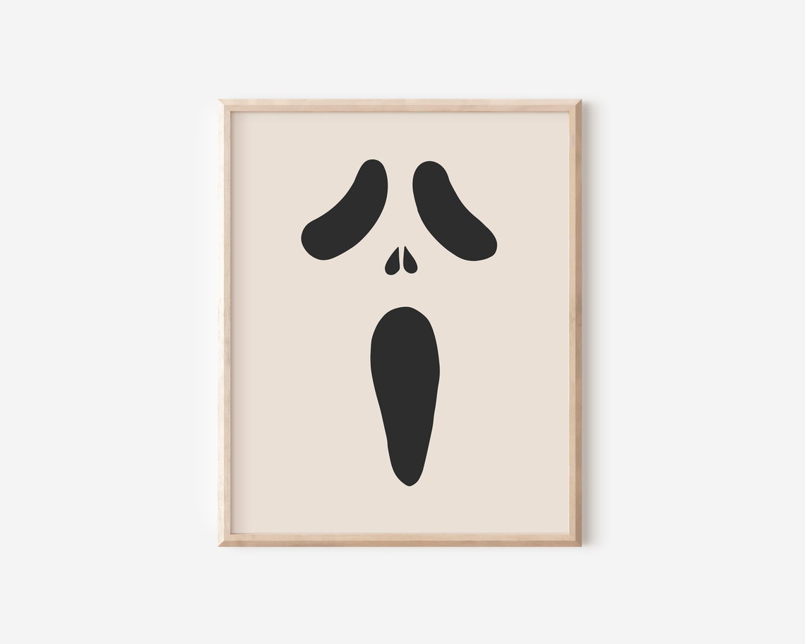 Minimalist Ghost Face Spooky Black Shapes Beige Halloween Art Poster - Image 2