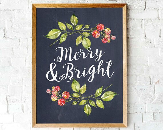 Merry And Bright Chalkboard Christmas Berry Botanical Holiday Poster