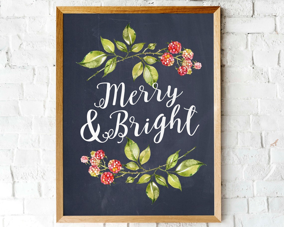 Merry And Bright Chalkboard Christmas Berry Botanical Holiday Poster