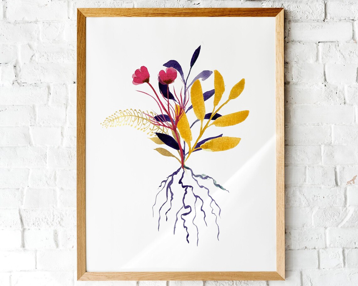 Watercolor Botanical Flower Roots Golden Leaves Pink Blooms Art Print