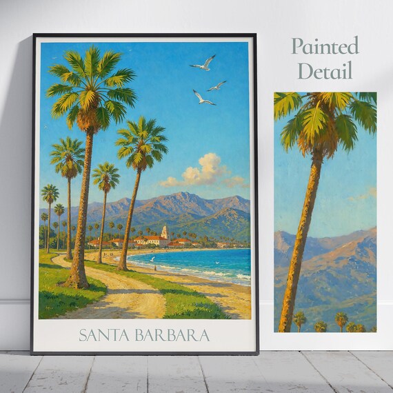 Santa Barbara Palm Tree Beach Mountain Painted Travel Poster