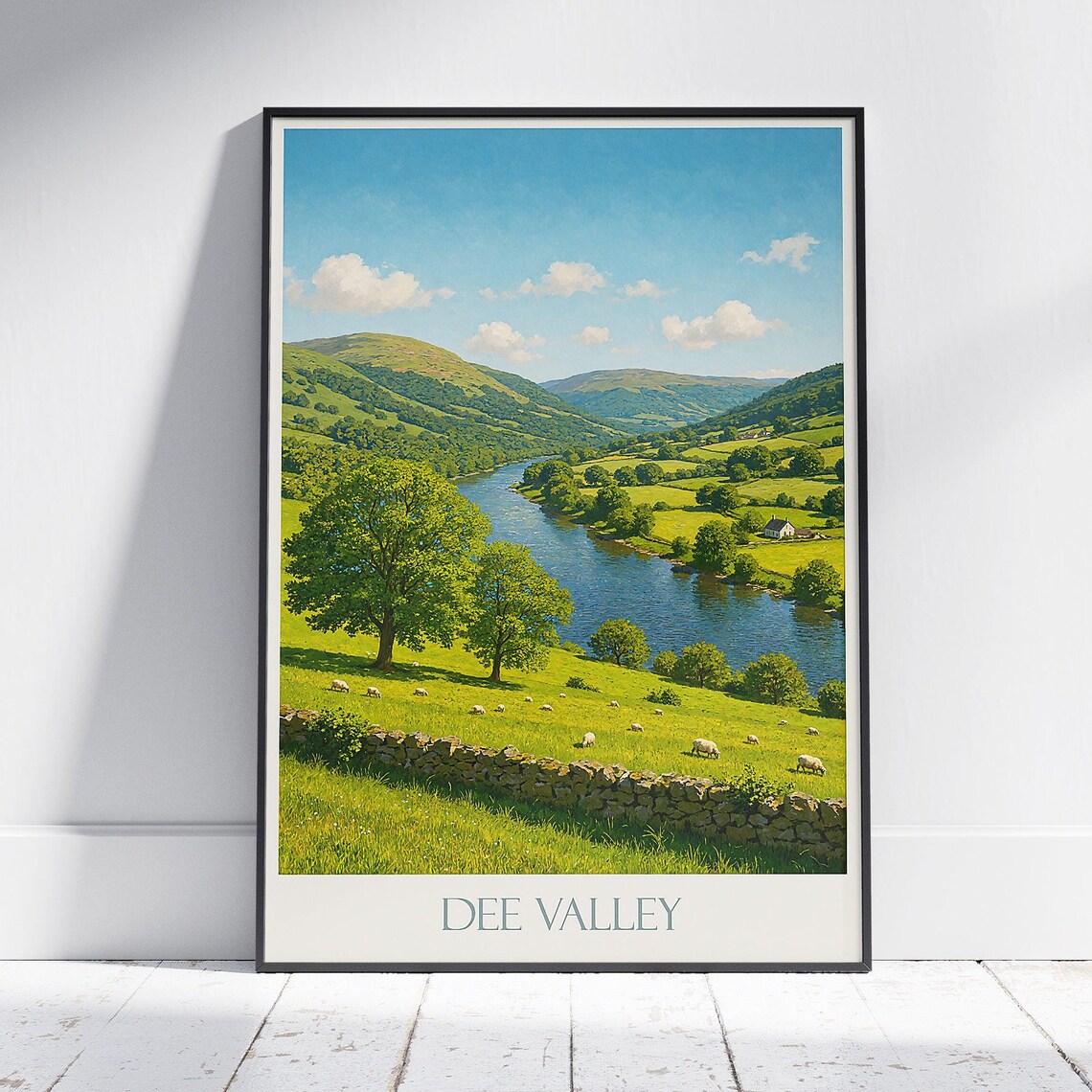 Dee Valley River Sheep Pasture Travel Poster Wales Pastoral Landscape