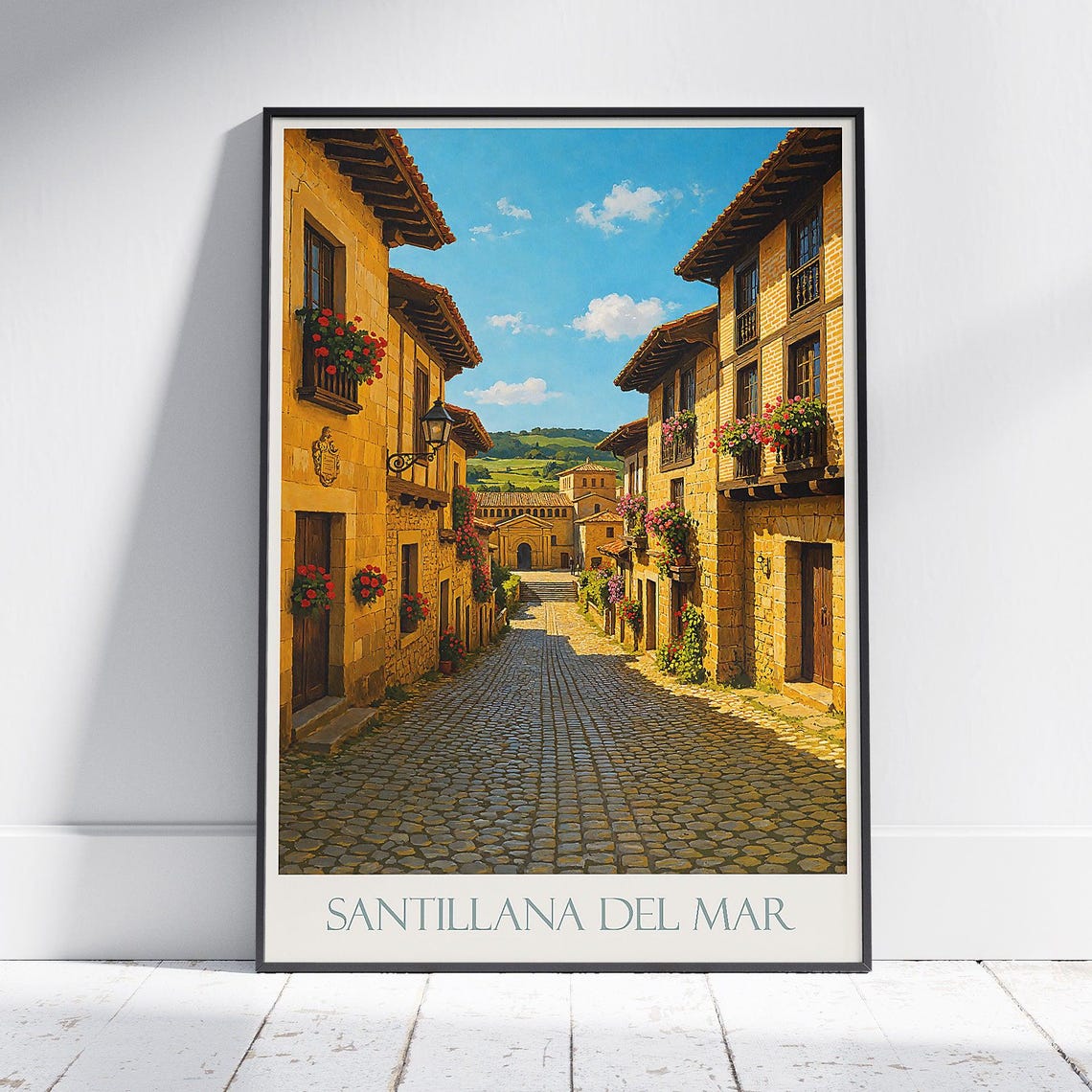 Santillana del Mar Cobblestone Street Flower Balconies Spain Poster