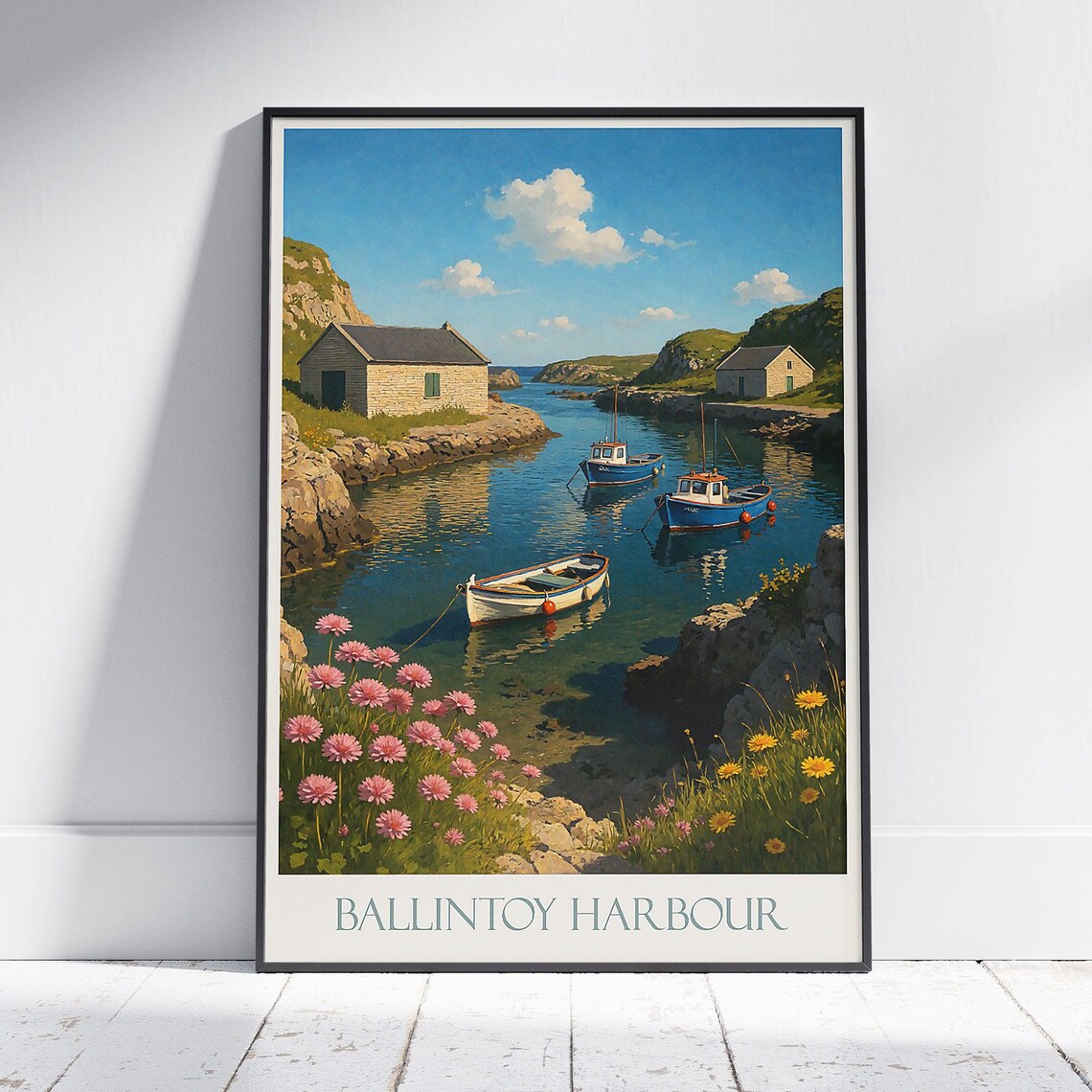 Ballintoy Harbour Northern Ireland Boats Cove Vintage Travel Poster