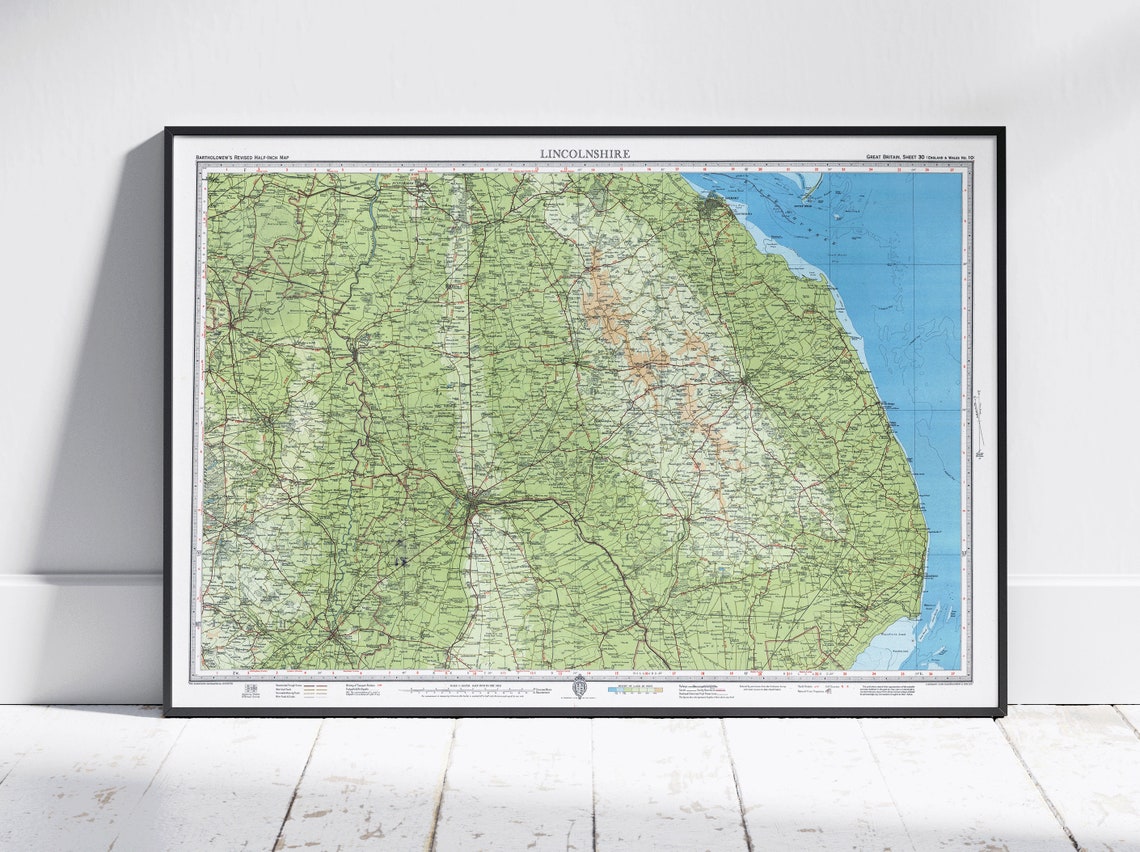 Lincolnshire England Vintage Bartholomew County Map Wall Art