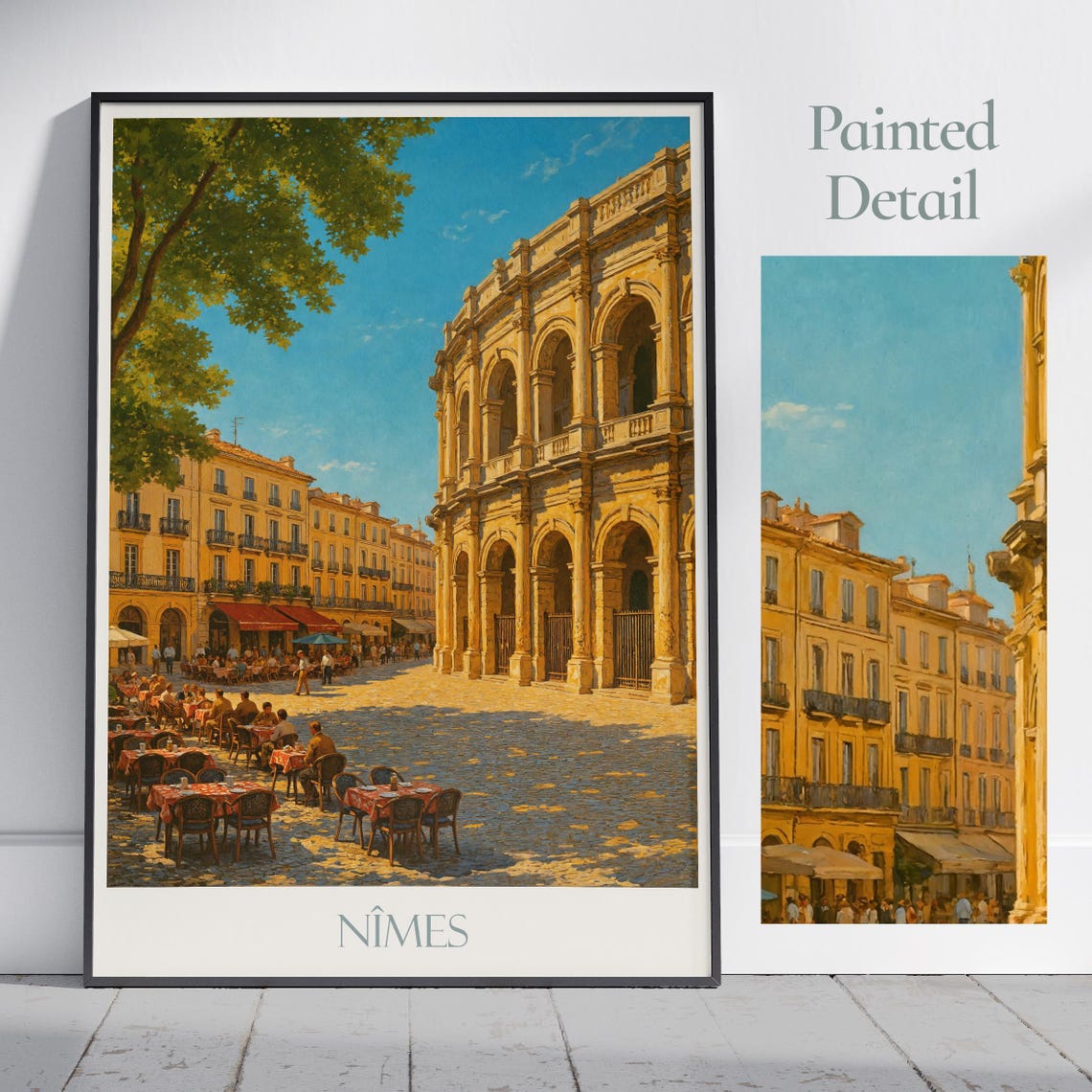 Nimes France Travel Poster Roman Arena with Sunny Cafe Terrace Art