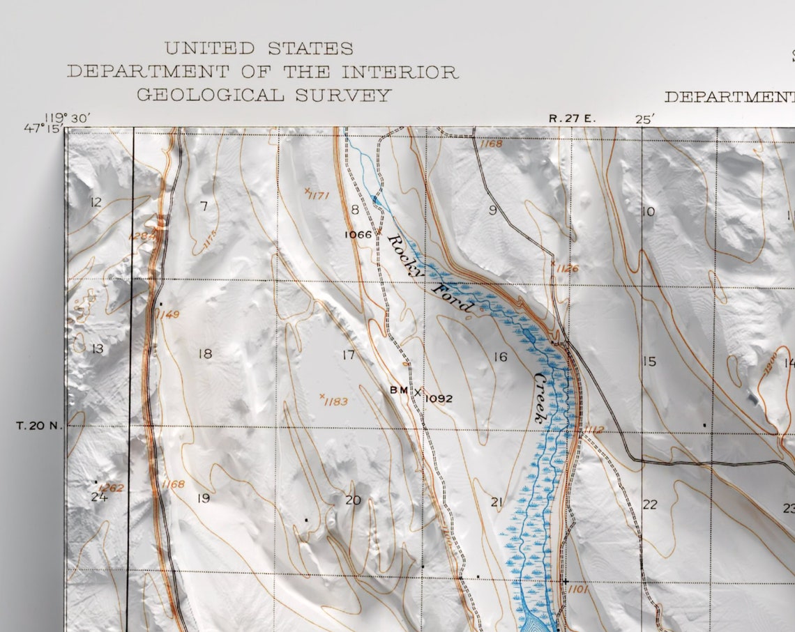 Moses Lake Washington Topographic Shaded Relief Vintage Map Print - Image 2