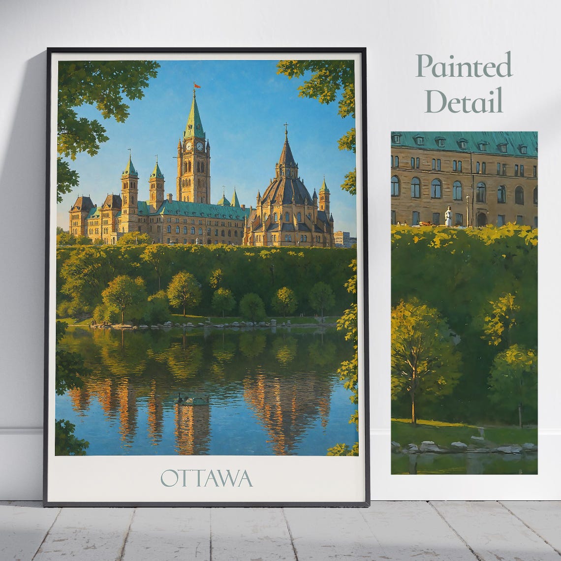 Ottawa Canada Painted Travel Poster Parliament River Reflection