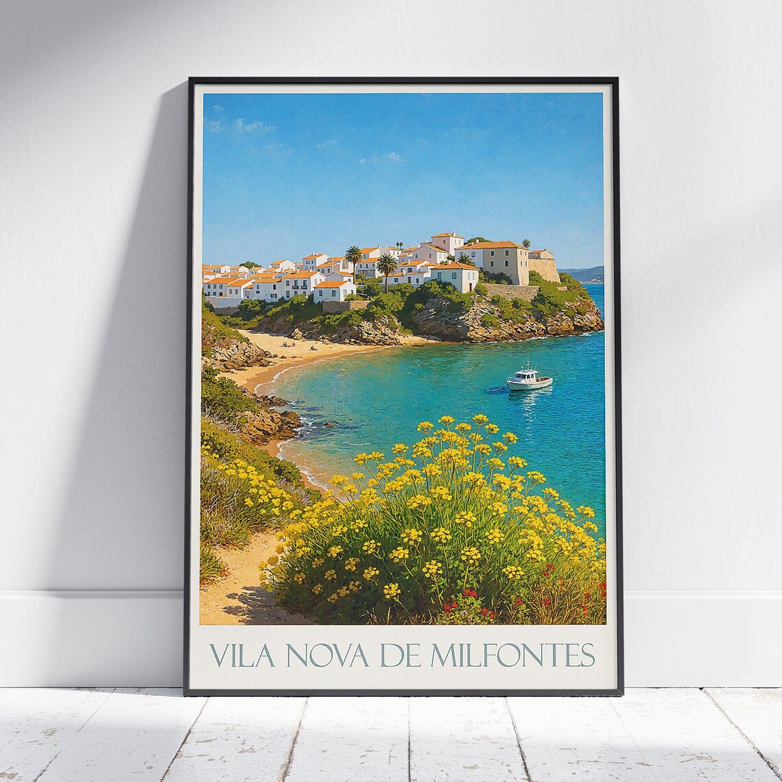 Vila Nova de Milfontes Portugal Vintage Coastal Village Travel Poster