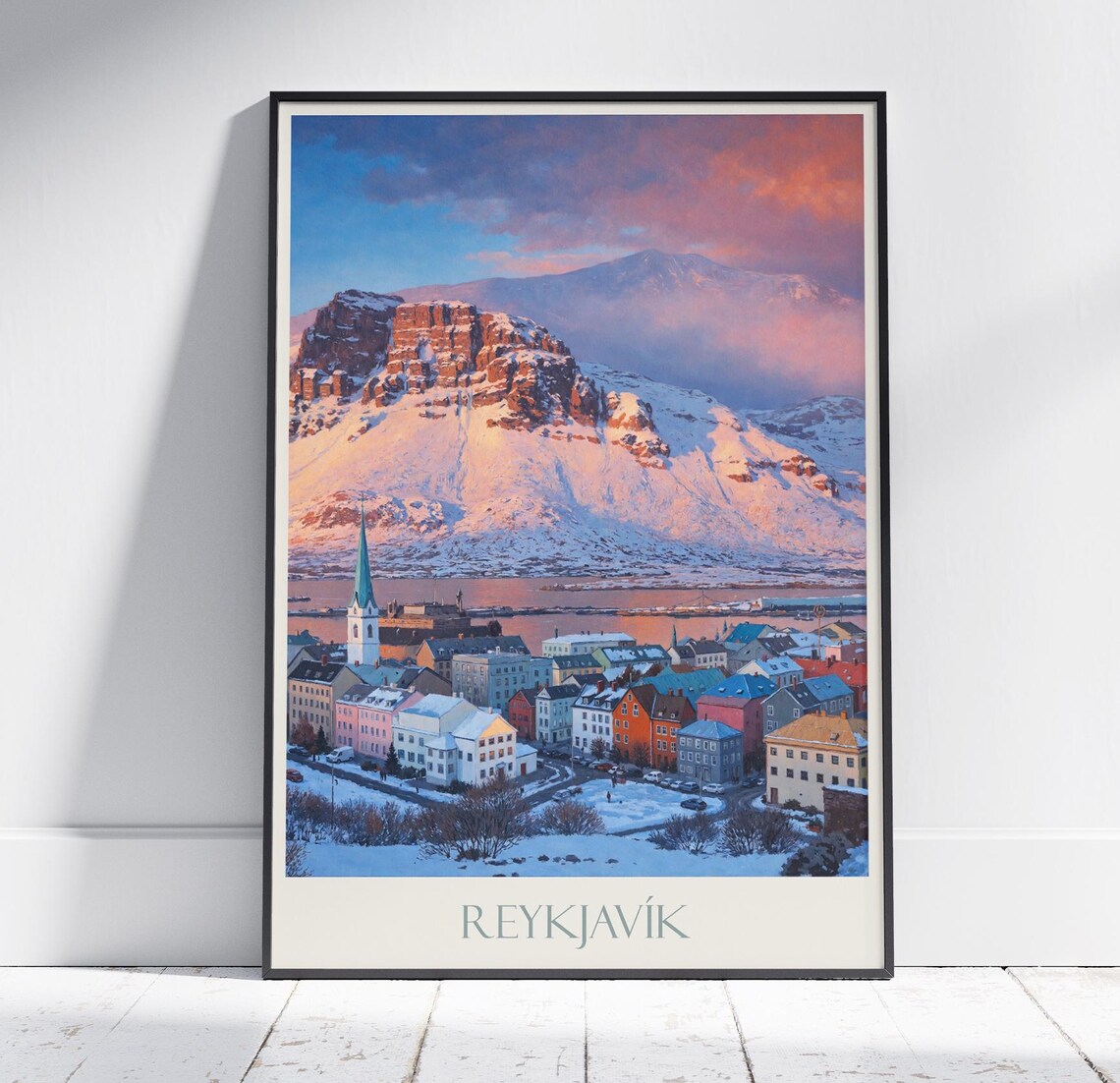 Reykjavik Iceland Winter Snow Mountain Town Church Sunset Poster