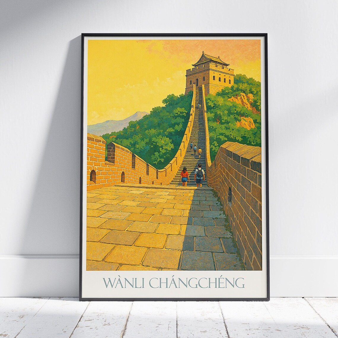 Great Wall Of China Watchtower Mountain Golden Light Hikers Poster