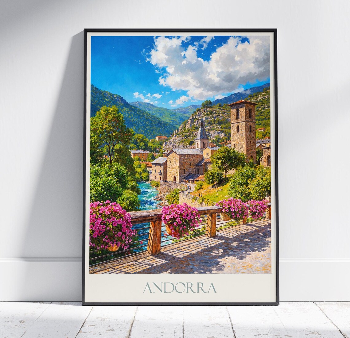Andorra Village Bridge Flowers Mountain Valley Painted Travel Poster