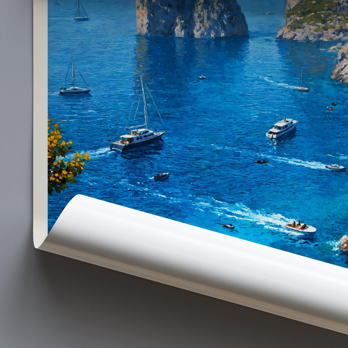 Capri Faraglioni Rocks Boats Bougainvillea Italy Travel Poster - Image 3