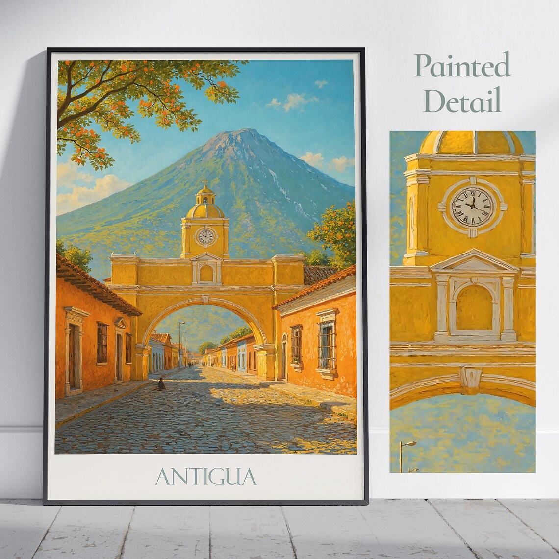 Antigua Guatemala Santa Catalina Arch Volcano Cobblestone Travel Poster